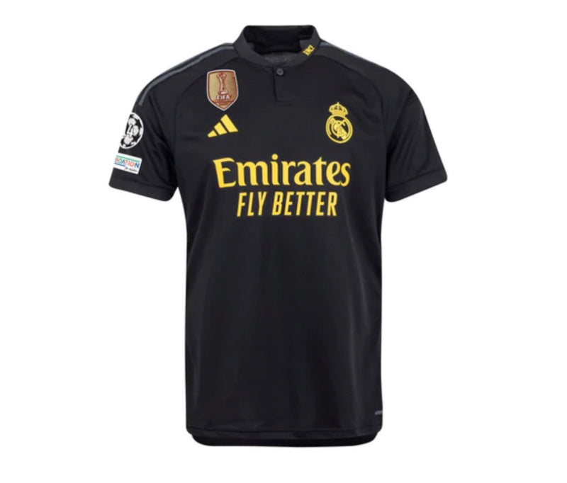 Jersey REAL MADRID III COM PATCH CHAMPIONS LEAGUE + CWC 23/24 - PRETO E AMARELO